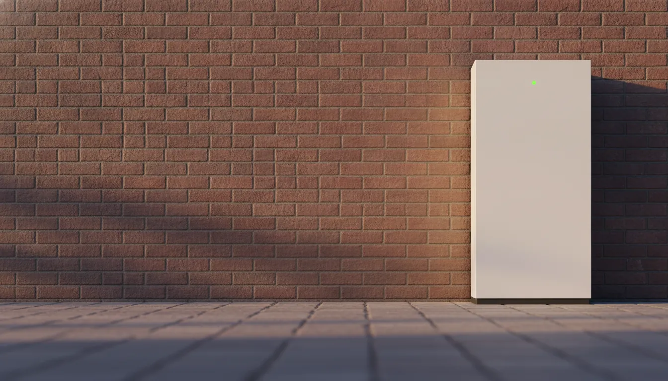 Staande thuisbatterij tegen een bakstenen muur