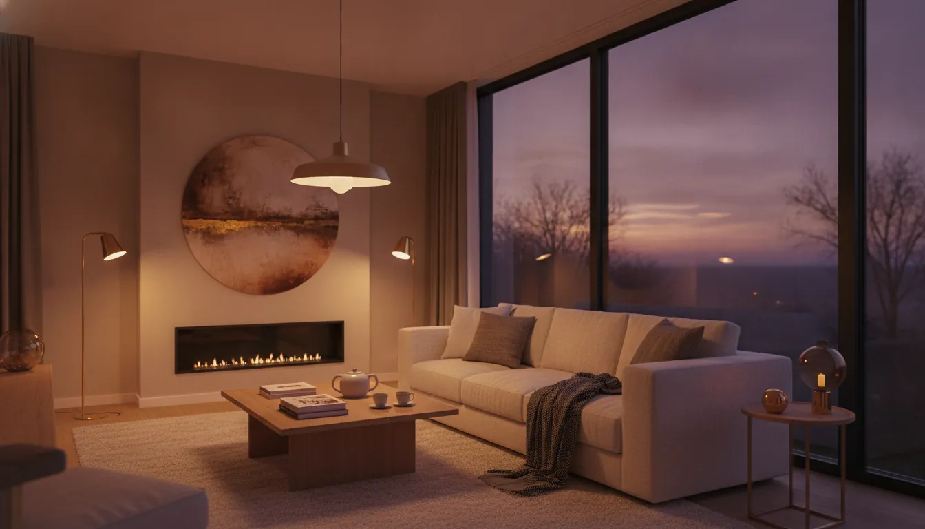 Warm verlichte woonkamer in de avond