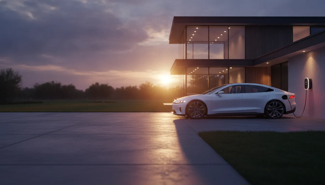 Elektrische auto laadt op bij een woning bij zonsondergang