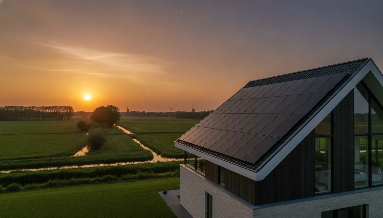 Zonnepanelen op een Nederlands huis bij zonsondergang
