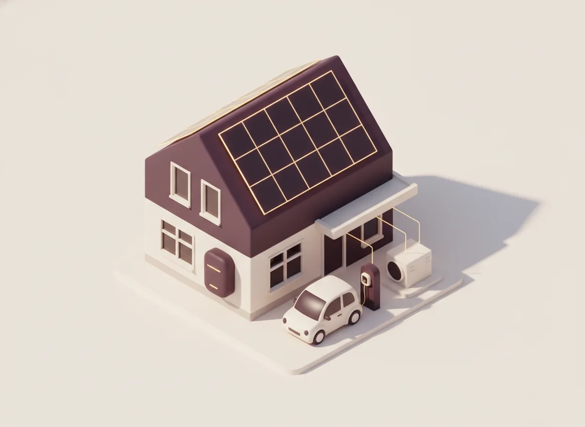 Illustratie van een huis met zonnepanelen, thuisbatterij, warmtepomp en een elektrische auto aan de laadpaal