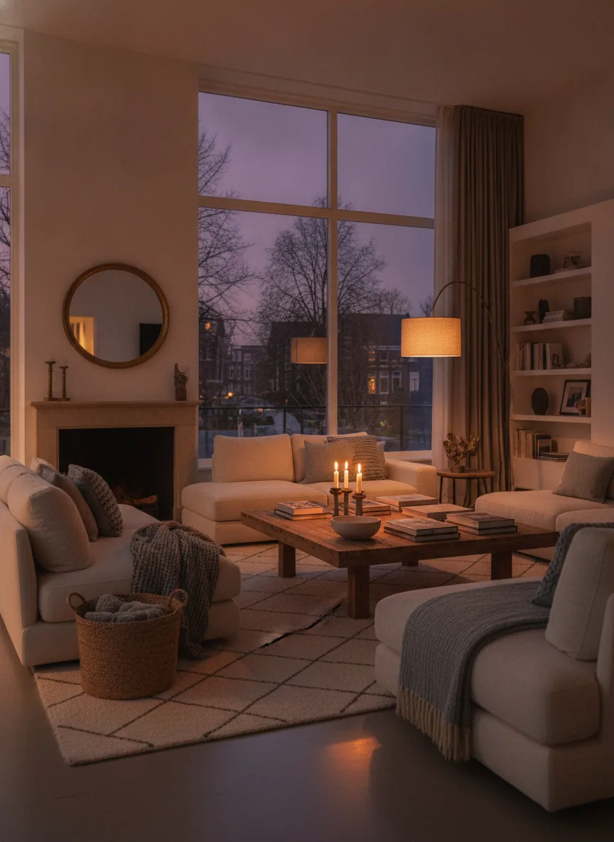 Warm verlichte woonkamer in de avond