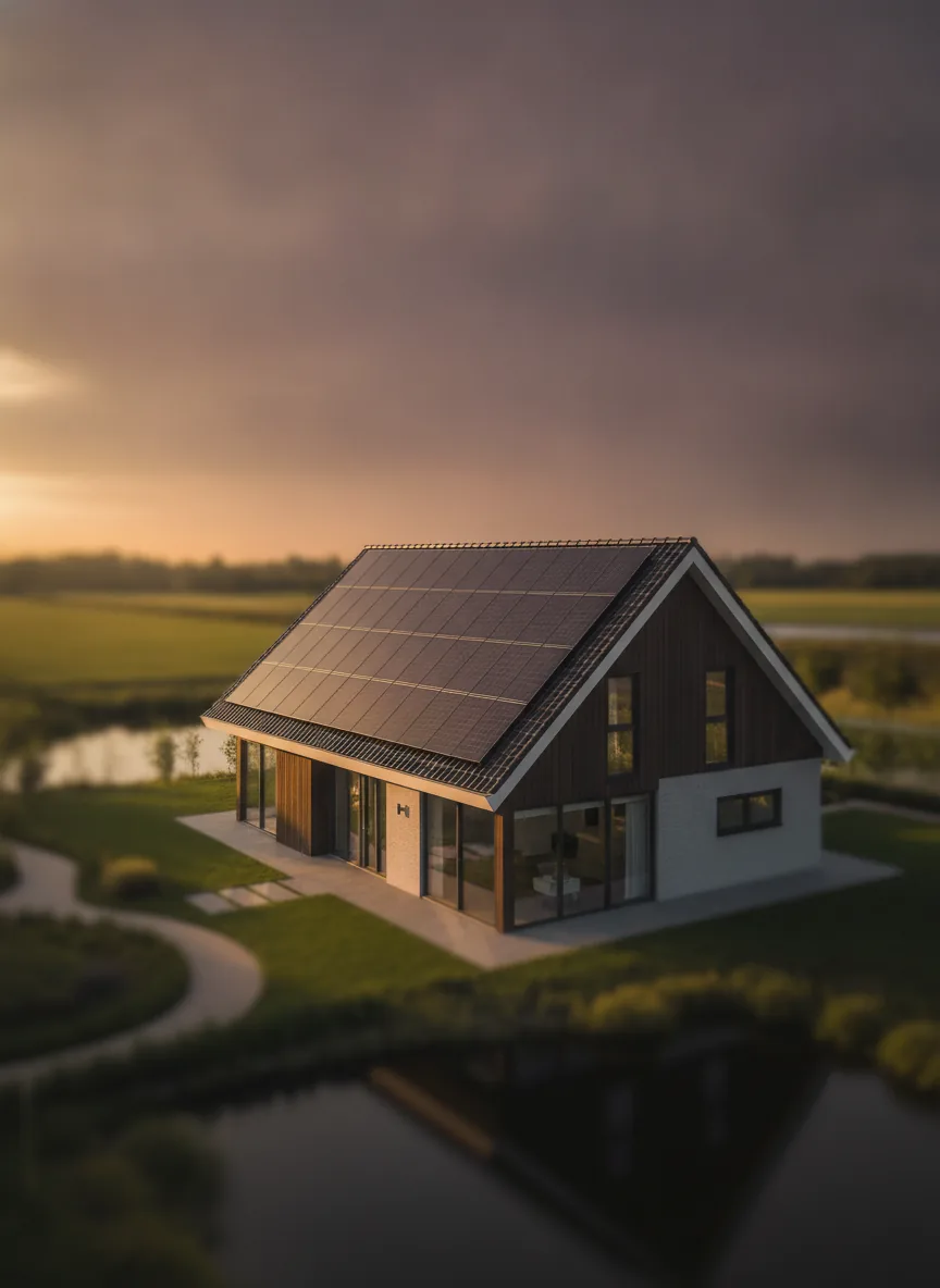 Woning met zonnepanelen op het dak bij zonsondergang